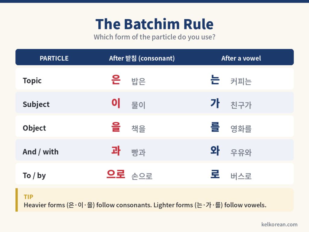 Korean particle batchim rule chart showing 은/는, 이/가, 을/를 forms