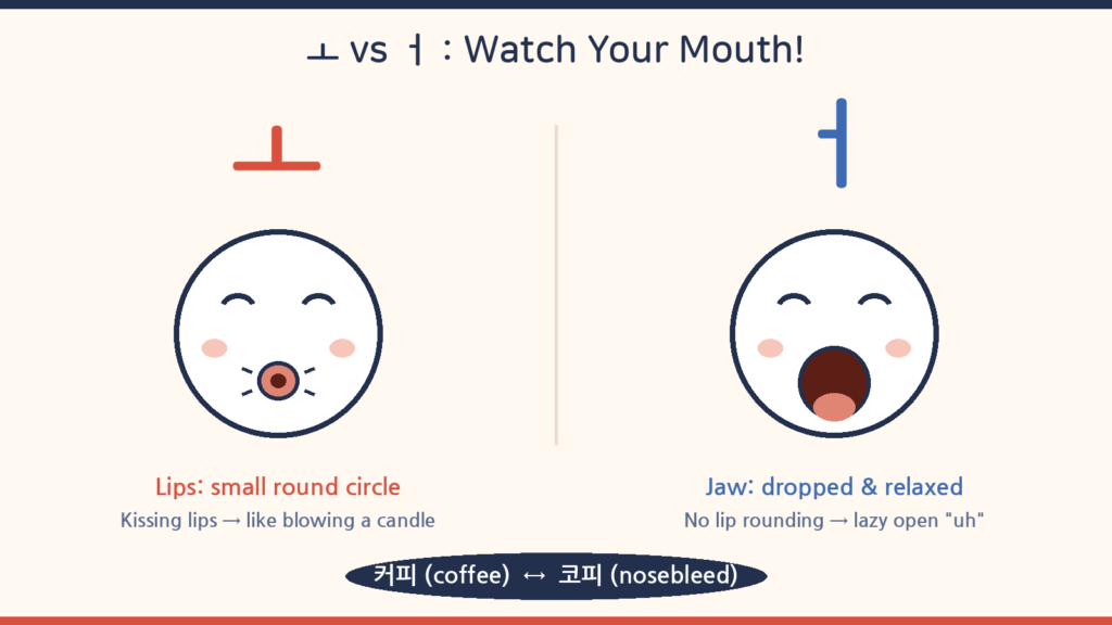 Korean vowel mouth position comparison rounded lips vs open jaw