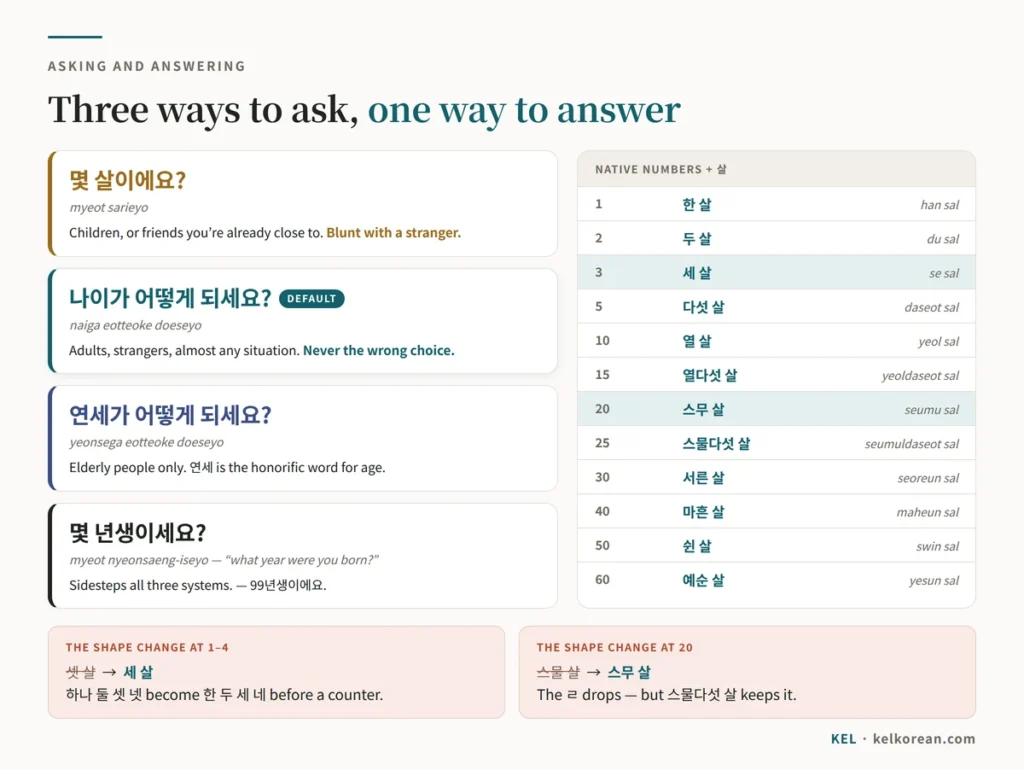 Chart of the three ways to ask someone's age in Korean by politeness level — 몇 살이에요, 나이가 어떻게 되세요, 연세가 어떻게 되세요 — alongside native Korean numbers with the counter 살 and the shape changes at 세 살 and 스무 살