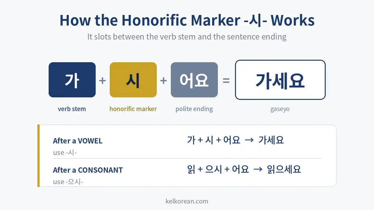 Diagram showing the Korean honorific marker -si- placed between a verb stem and ending