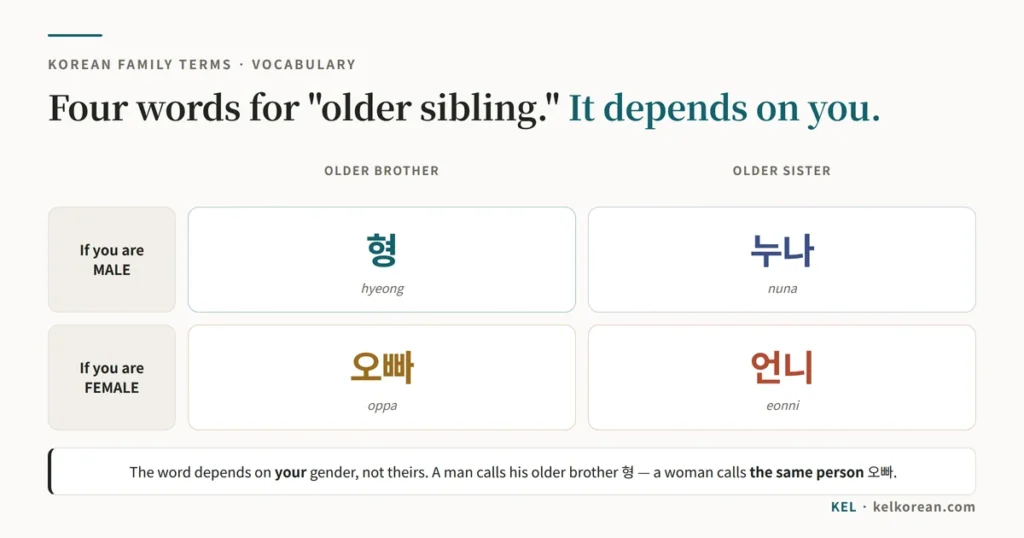 Grid of the four Korean words for older sibling: a male speaker says 형 and 누나, a female speaker says 오빠 and 언니