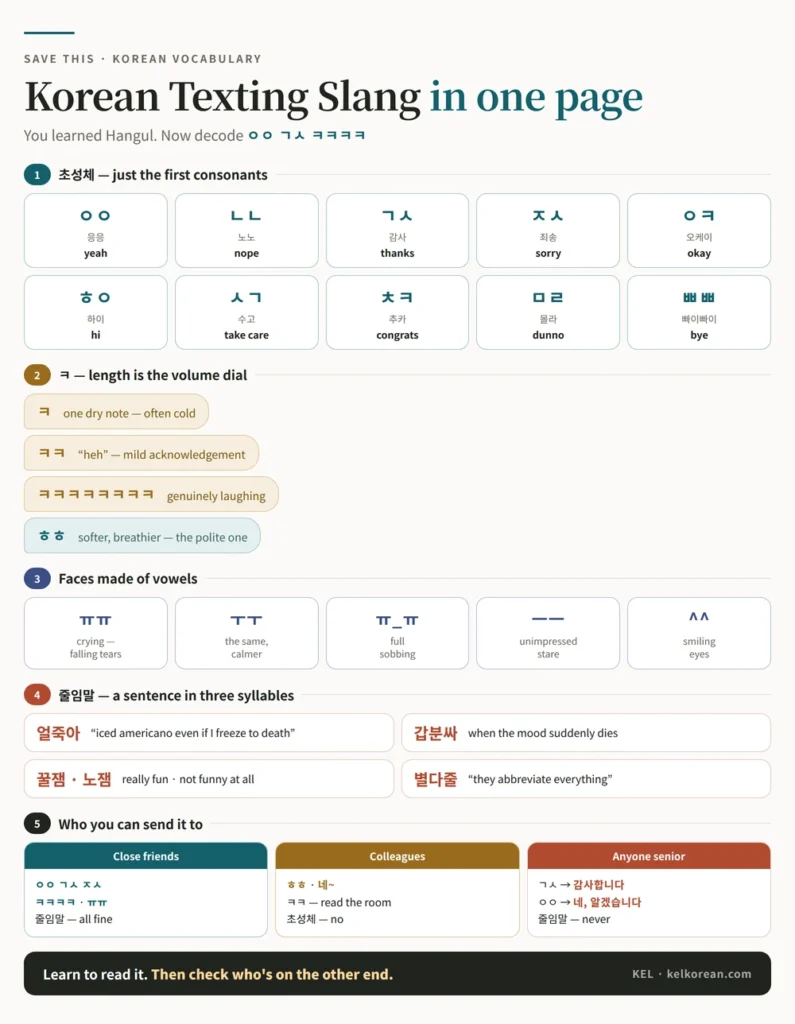 One-page Korean texting slang reference sheet with the 초성체 consonant shorthand, the ㅋ laughter scale, the vowel face marks, the common phrase abbreviations, and who each type of shorthand can be sent to