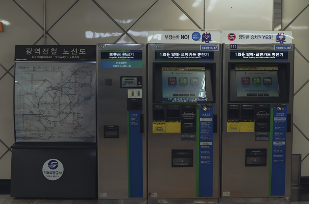 Ticket vending and transit card reload machines in a Korean subway station