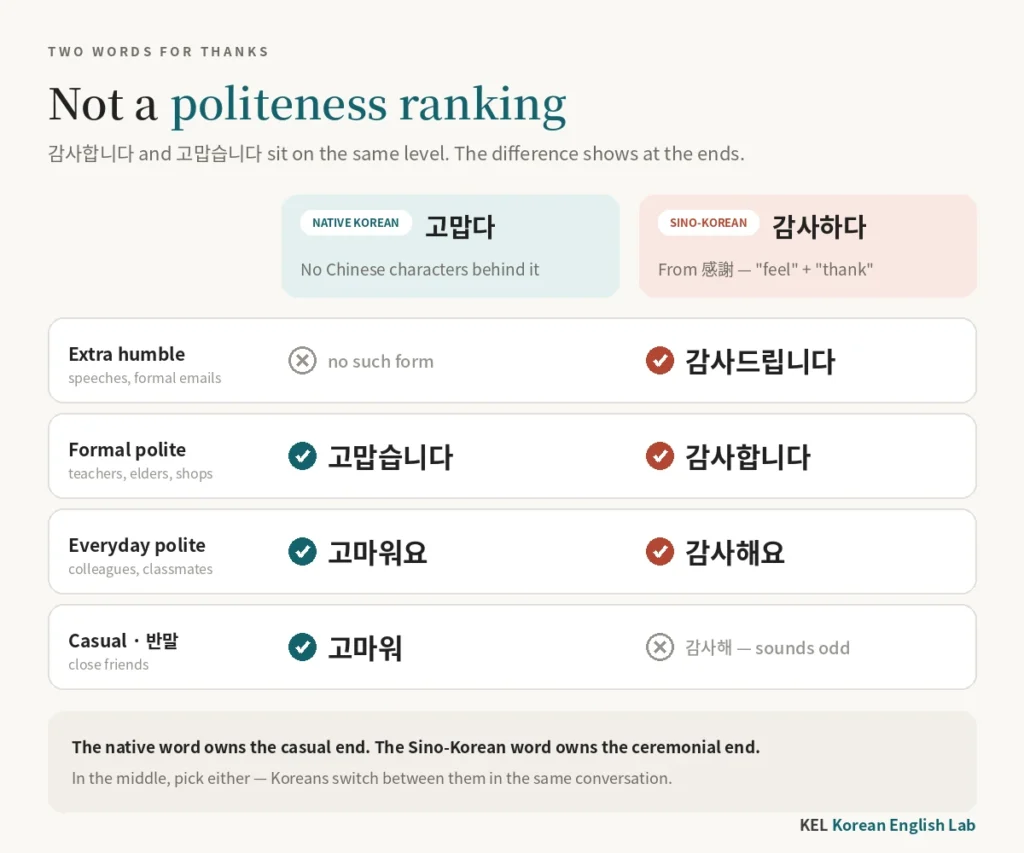 Chart comparing the native Korean 고맙다 and the Sino-Korean 감사하다 across four politeness levels — 감사드립니다 exists only on the Sino-Korean side, 고맙습니다 and 감사합니다 share the formal level, 고마워요 and 감사해요 share the everyday level, and 고마워 is natural while 감사해 sounds odd