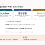 Chart of Hangul Day at a glance — 9 October in South Korea and 15 January in North Korea, the 훈민정음 published in 1446, the 28 original letters reduced to 24 today, and the difference between 한글 the alphabet and 한국어 the language