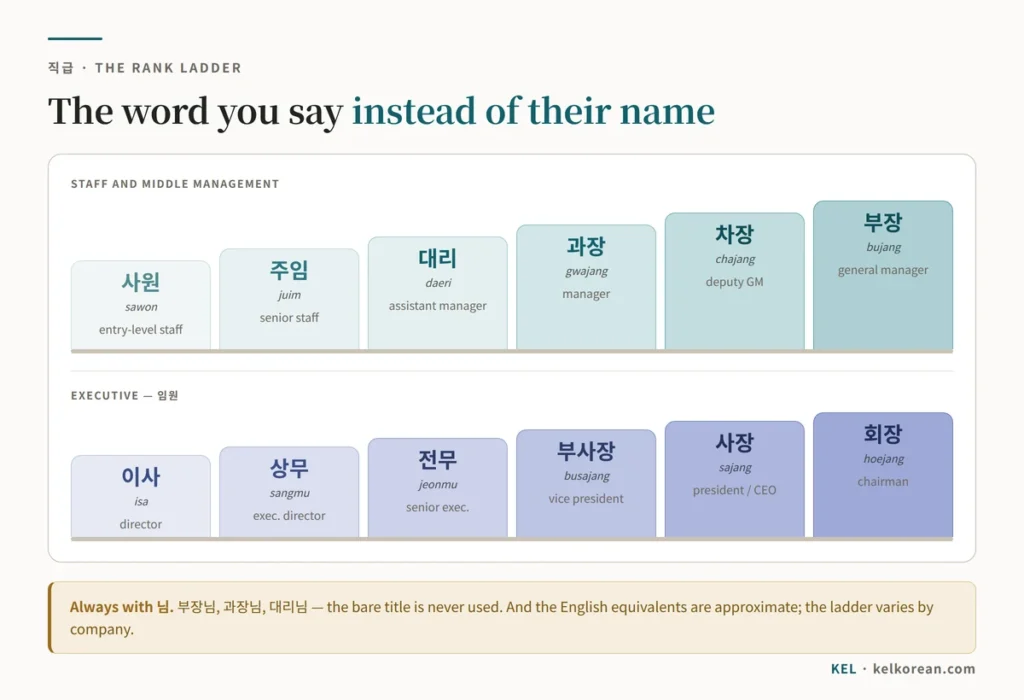 Chart of the Korean corporate rank ladder rising from 사원 through 주임, 대리, 과장, 차장 and 부장, then the executive ranks 이사, 상무, 전무, 부사장, 사장 and 회장, each with romanization and a rough English equivalent
