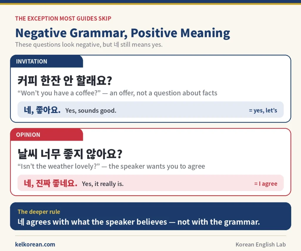 Chart of two Korean questions that are negative in grammar but not in meaning — the invitation 커피 한잔 안 할래요 answered with 네, 좋아요 to accept, and the opinion question 날씨 너무 좋지 않아요 answered with 네, 진짜 좋네요 to agree — with the rule that 네 agrees with what the speaker believes