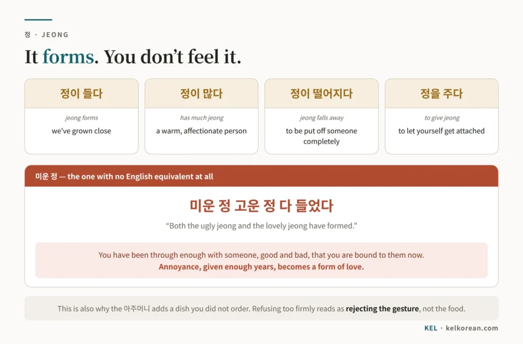 Chart of the Korean concept 정 with the expressions 정이 들다, 정이 많다, 정이 떨어지다 and 정을 주다, plus the phrase 미운 정 고운 정 다 들었다 explained as attachment built through friction over years