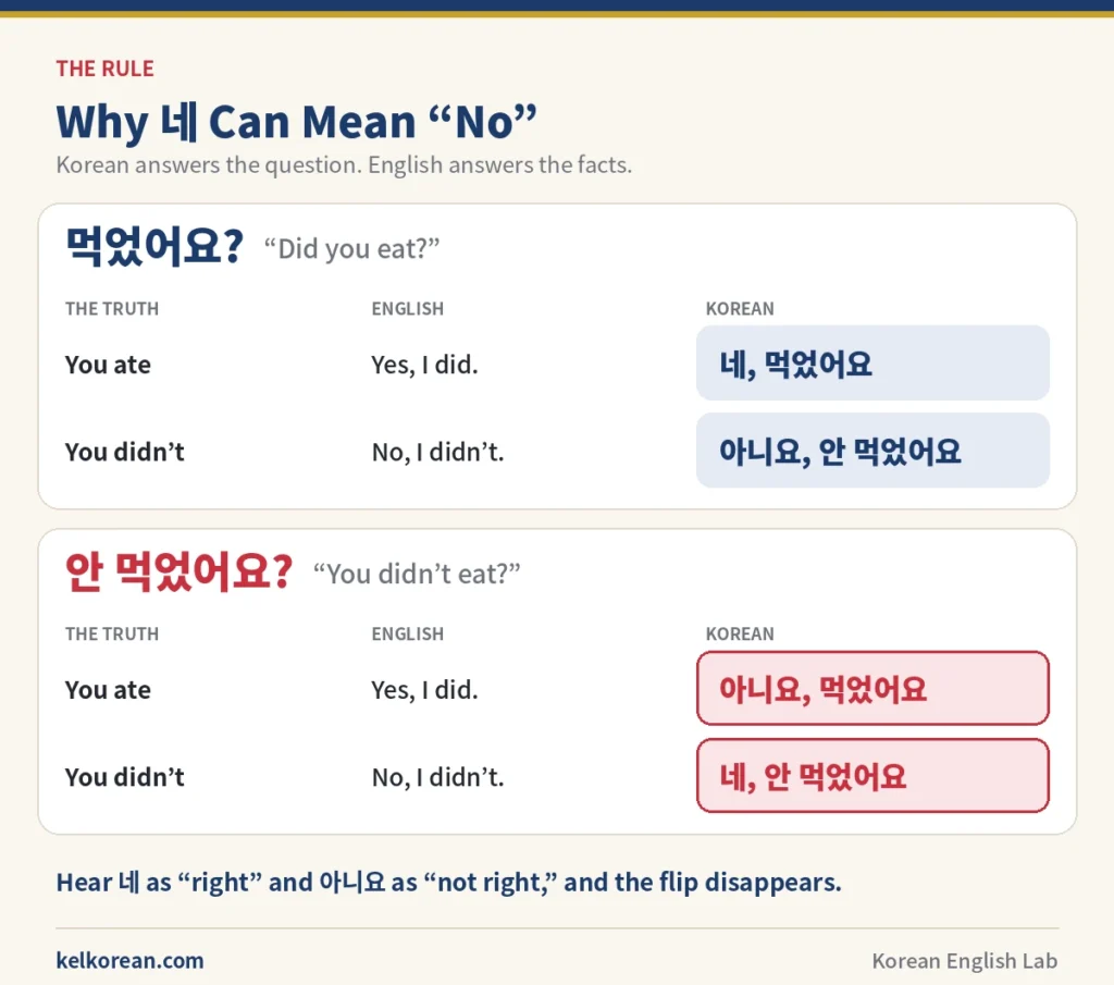 Chart comparing English and Korean answers to 먹었어요 "Did you eat?" and 안 먹었어요 "You didn't eat?" — for the negative question the Korean answer flips, so 네, 안 먹었어요 means "No, I didn't" and 아니요, 먹었어요 means "Yes, I did"