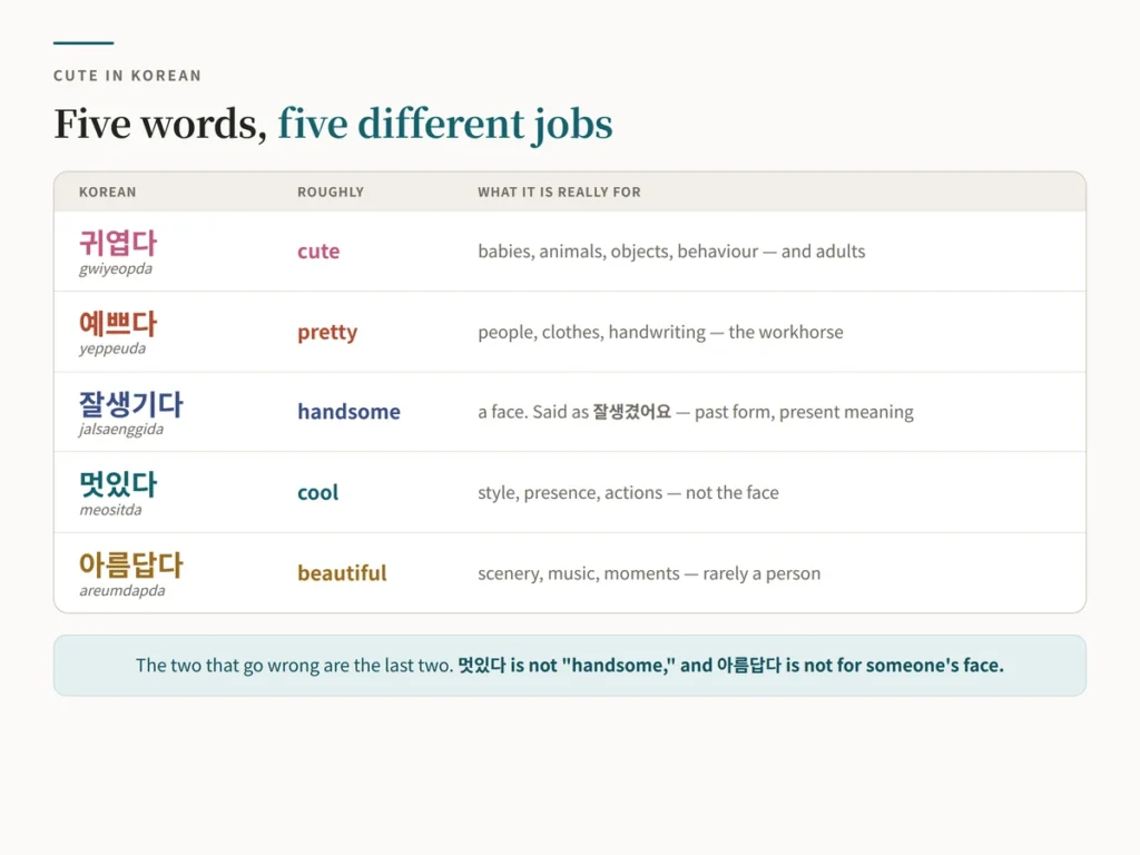 Chart of the five Korean words for describing appearance — 귀엽다 for cute, 예쁘다 for pretty, 잘생기다 for a handsome face, 멋있다 for cool or stylish, and 아름답다 for scenery and music — with romanization and what each one is actually used for