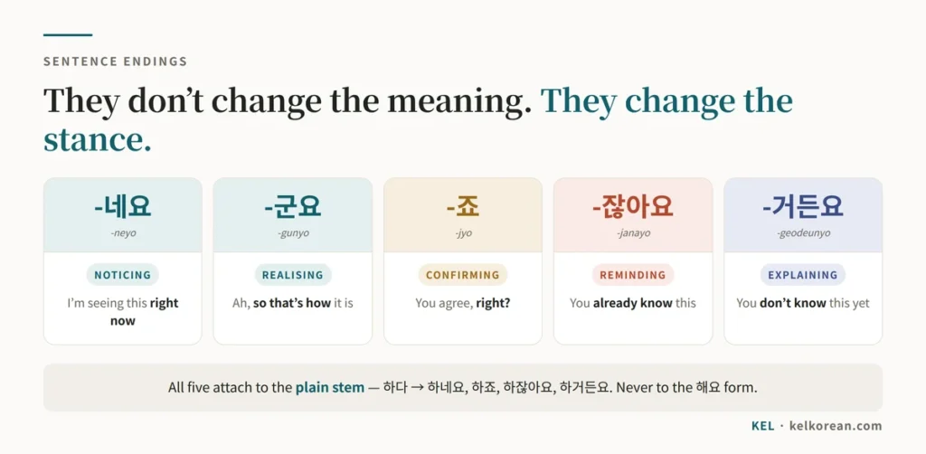 Chart of the five Korean sentence endings 네요 군요 죠 잖아요 and 거든요, each labelled with the speaker's stance — noticing, realising, confirming, reminding and explaining — with a note that all five attach to the plain verb stem