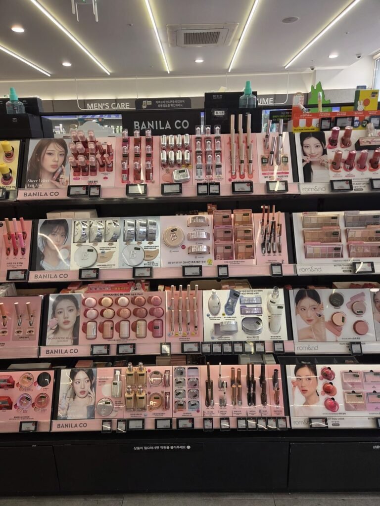 Olive Young makeup aisle with BANILA CO displays and an English MEN'S CARE section sign above