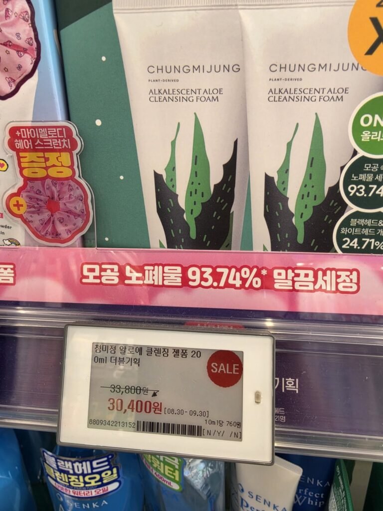 Pink Olive Young shelf strip reading 모공 노폐물 93.74% 말끔세정 above an electronic price label for a Chungmijung aloe cleansing gel foam double set at 30,400 won, 760 won per 10ml, with a 증정 free-gift tag beside it