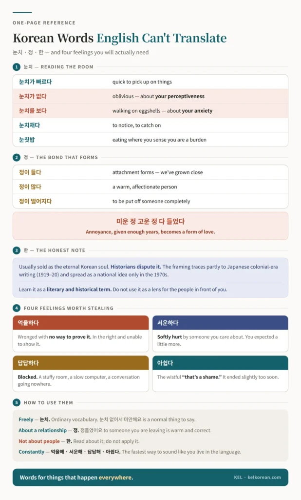 One-page reference sheet of Korean words English cannot translate, with the four 눈치 expressions, how 정 forms and the phrase 미운 정, an honest note on the disputed history of 한, and the four feelings 억울하다, 서운하다, 답답하다 and 아쉽다