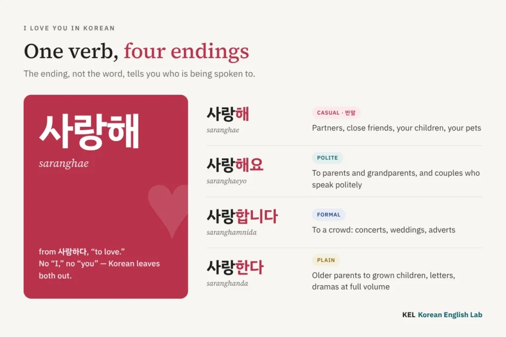 I love you in Korean: 사랑해 (saranghae) and its four forms — 사랑해 for partners, friends, children and pets, 사랑해요 for parents and grandparents, 사랑합니다 for a crowd, and 사랑한다 for older parents, letters and dramas