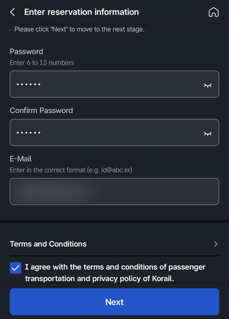 Korail+ non-member reservation screen asking only for a 6 to 13 digit numeric password, entered twice, and an email address, with the email blurred