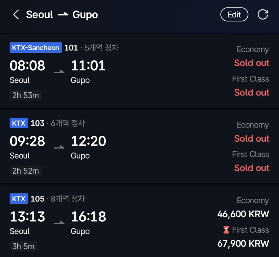 Korail+ search results in English from Seoul to Gupo with the 08:08 KTX-Sancheon and 09:28 KTX sold out in both classes, while the 13:13 KTX still shows 46,600 KRW, and 정차 still written in Korean