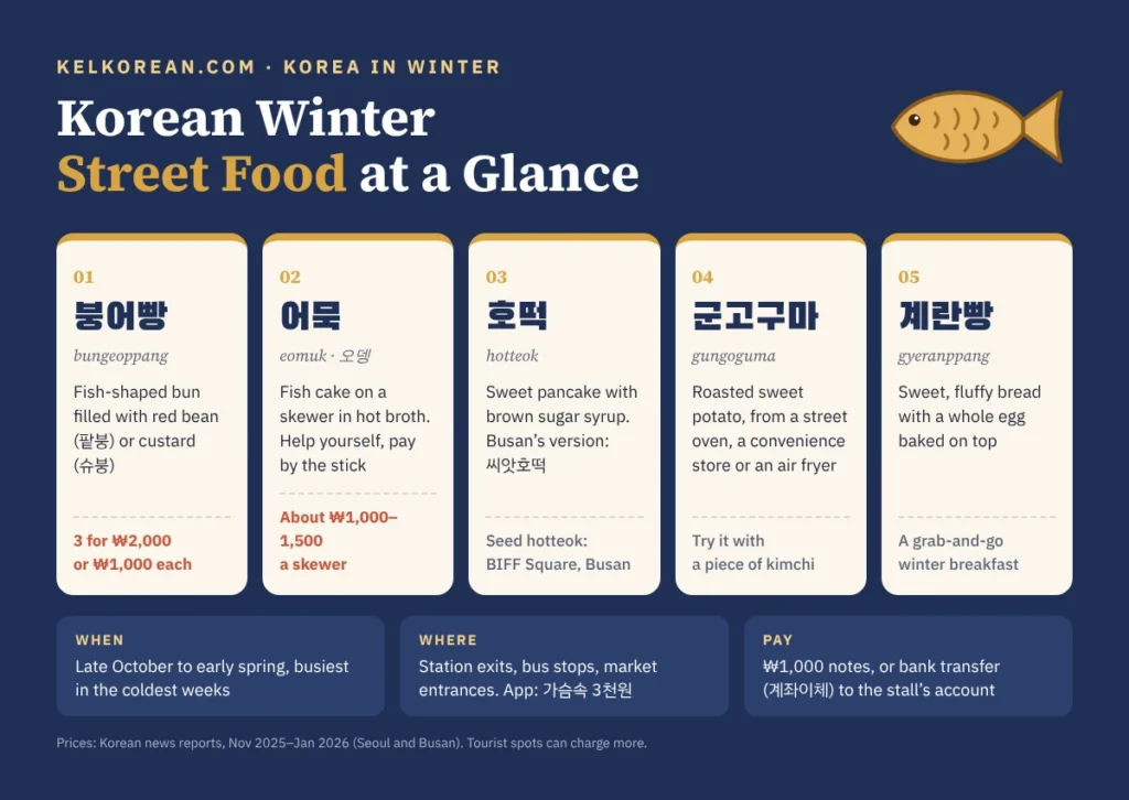 Korean winter street food at a glance: 붕어빵 fish-shaped buns at 3 for ₩2,000, 어묵 fish cake skewers at about ₩1,000 to ₩1,500, 호떡 sweet pancakes and Busan's seed hotteok, 군고구마 roasted sweet potato and 계란빵 egg bread, sold from late October at station exits and market entrances, paid in ₩1,000 notes or by bank transfer